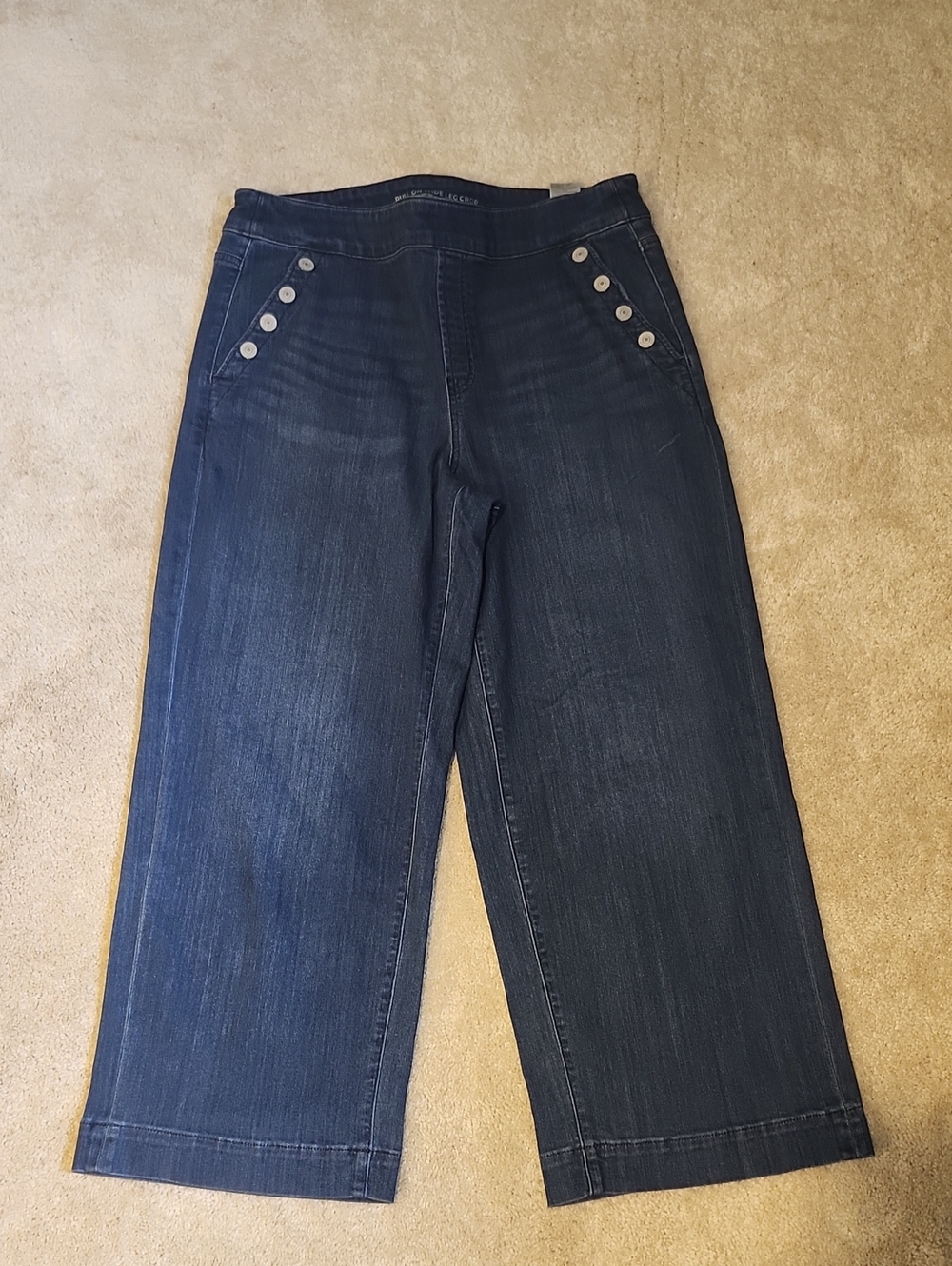 Chico's Dark Blue Pull-on Wide-Leg Jeans with Side Button Accents